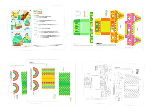 Leprechaun cottages favor box templates for St Patrick's Day