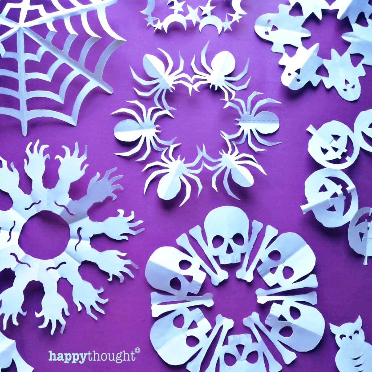 Spooky and cute Halloween kirigami pattern ideas skulls bones pumpkins freaky hands