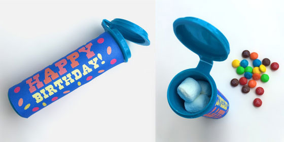 M&M tubes anti gravity cakes: Happy Birthday cake idea!