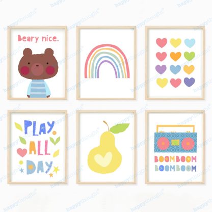 Nursery wall art prints, play all day, beary nice, rainbow, hearts, pear and boombox.