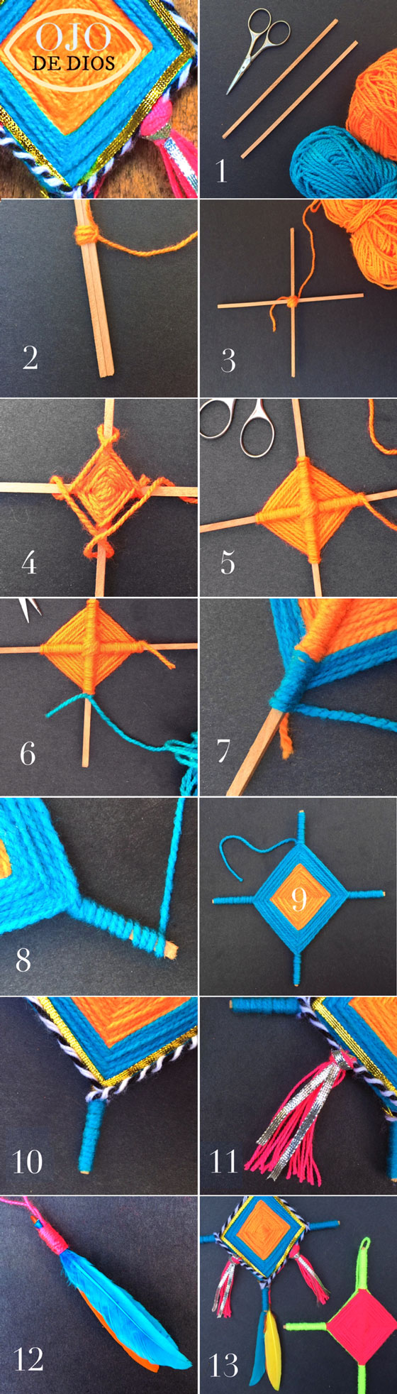 Instructions on how to make ojo de dios for homeschool or classroom!