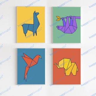 Origamis animal prints: elephant, sloth, llama and parrot