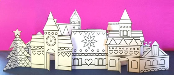 Paper crafts village cutout to colour in: Happythought Holiday craft activity pack!
