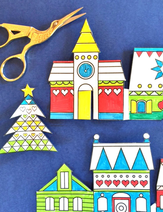 Color in paper crafts village patterns: Happythought Holiday craft activity pack!