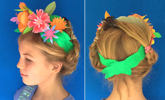 Front and back of papercraft headband with paper flowers!