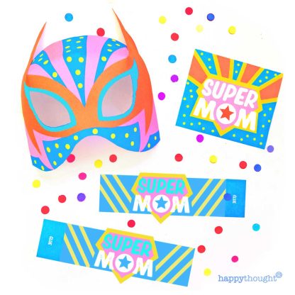 Super Mom printable mask and Mother's Day card templates to download and print instantly