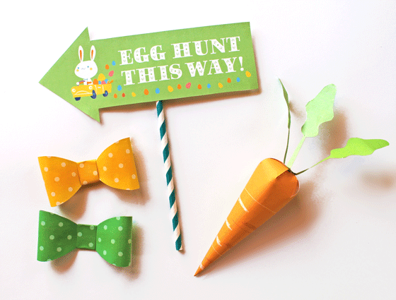 Printable paper photo props for Easter fun and celebrations! Egg hunt this way, carrots and spotty bow ties!