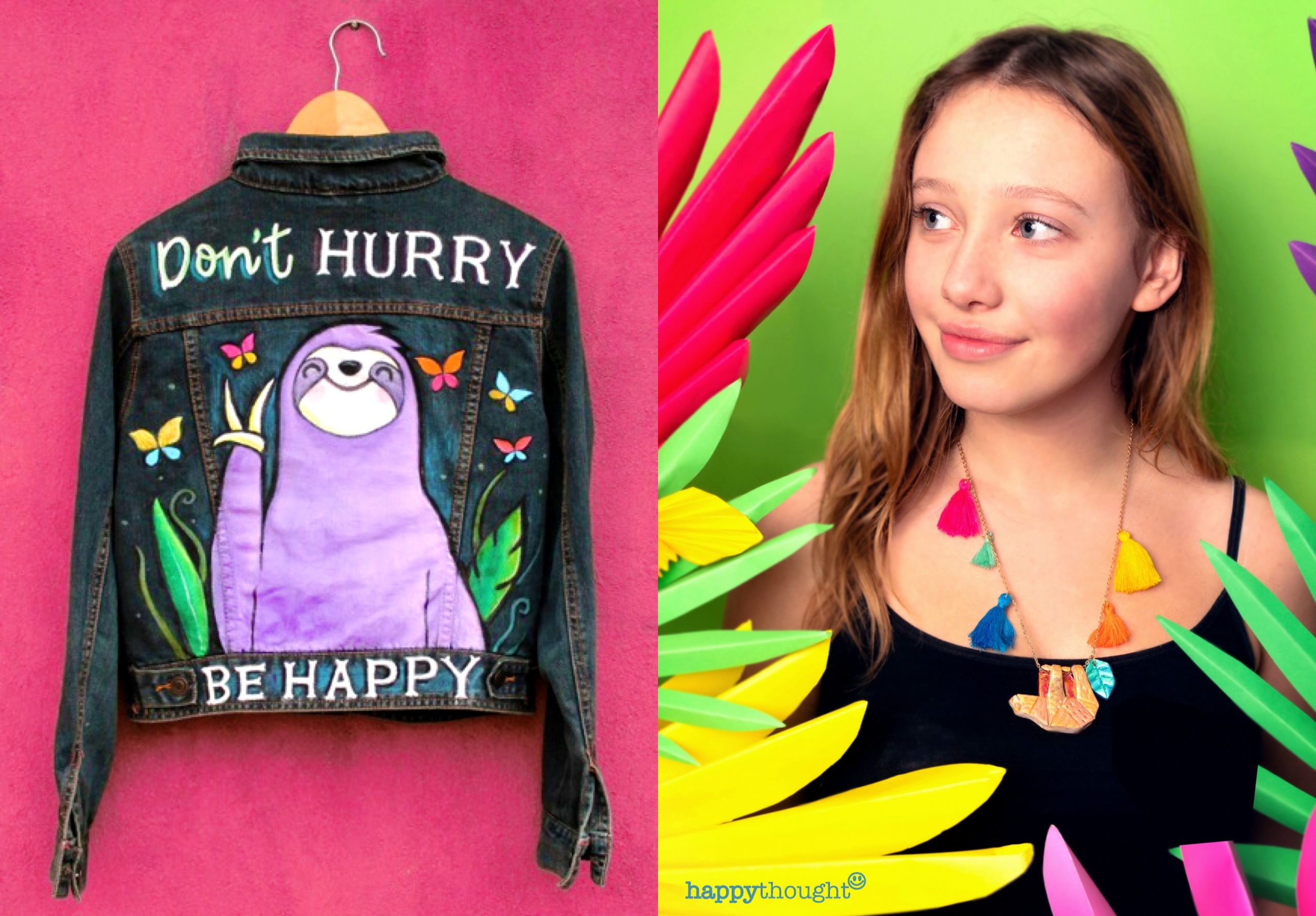 Paint a stunning 'Don't hurry, be happy' graphic on to an old denim jacket. Necklace craft ideas too!