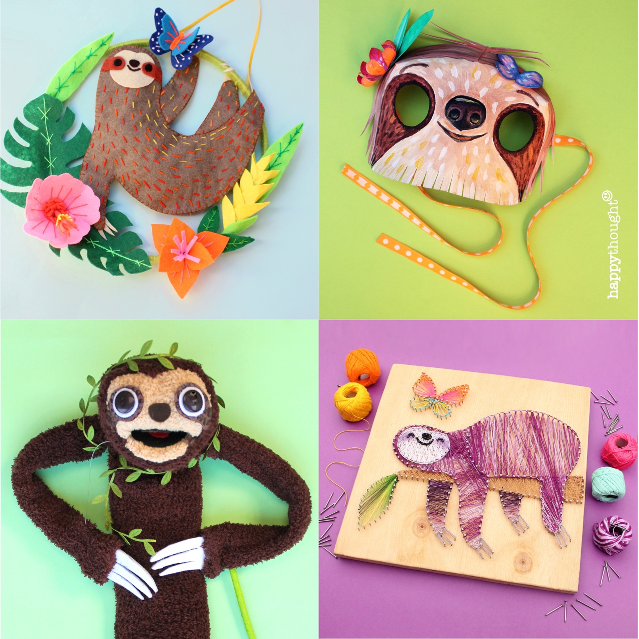 Sloths are so cute! Make a sloth wall art banner, a sloth mask, a sloth sock puppet and more!