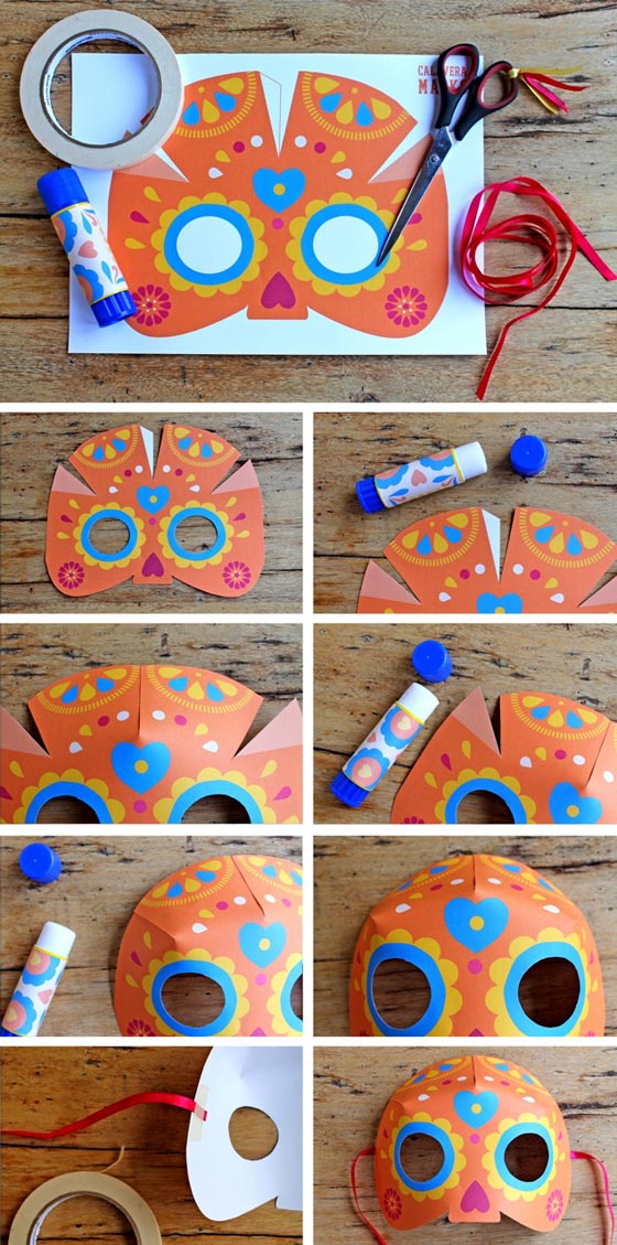 Step-by-step sugar skull masks to make: Printable mask for Day of the Dead or Halloween
