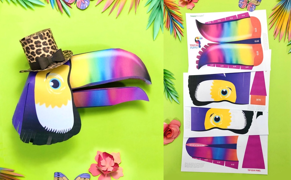 Make a magnificent toucan paper hand puppet with a mini top hat as well